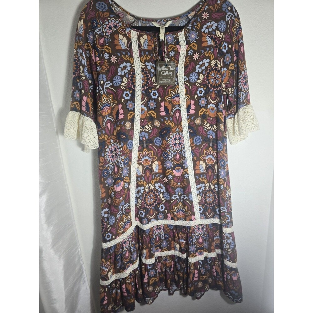 Matilda Jane Make Believe Intermission Dress Small NWT Boho FloralLace Trim Fall